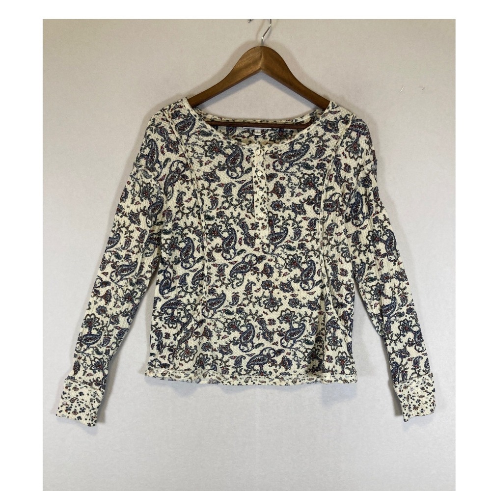 Boho Paisley DR2 Women Medium Cream Blue Henley Knit Long Sleeve Top